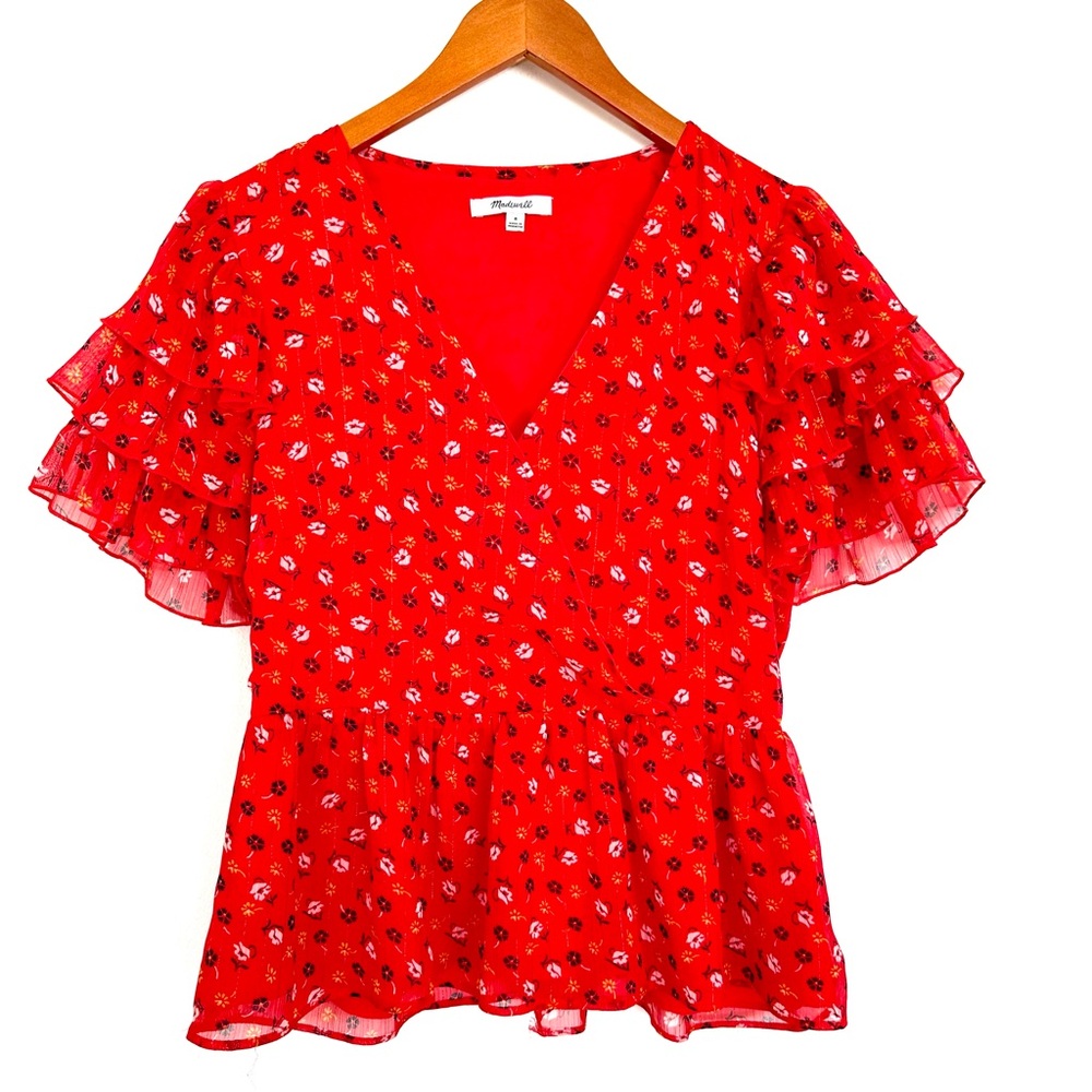 Madewell Red Tiered Peplum Ruffle Floral Lined Top Size 8